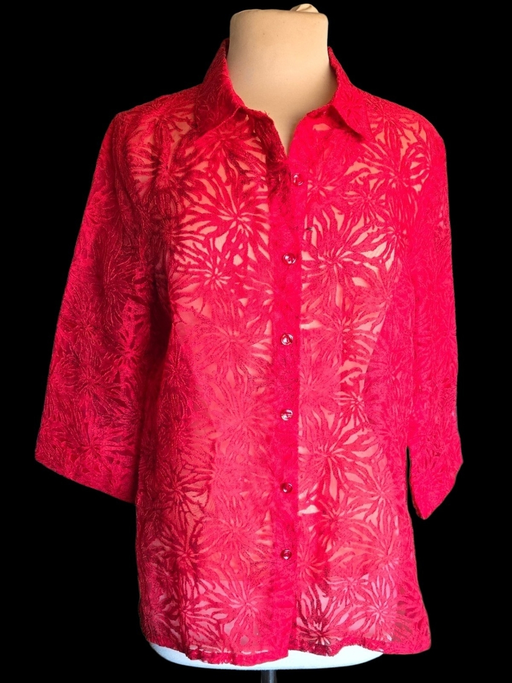 French Laundry Red Burnout Floral Mesh Lace Button-Down Shirt Sz M
